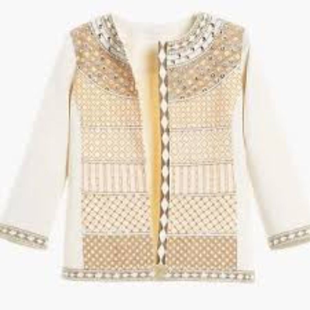 Chico's 0 Jacket Embellished Ivory Tan Beaded Zip Front Long Sleeve Art To Wear